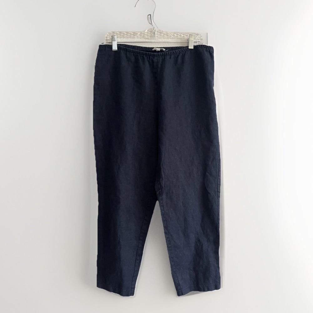 Eileen Fisher Pants Womens Medium Blue Linen Cropped Elastic Waist Tapered Leg